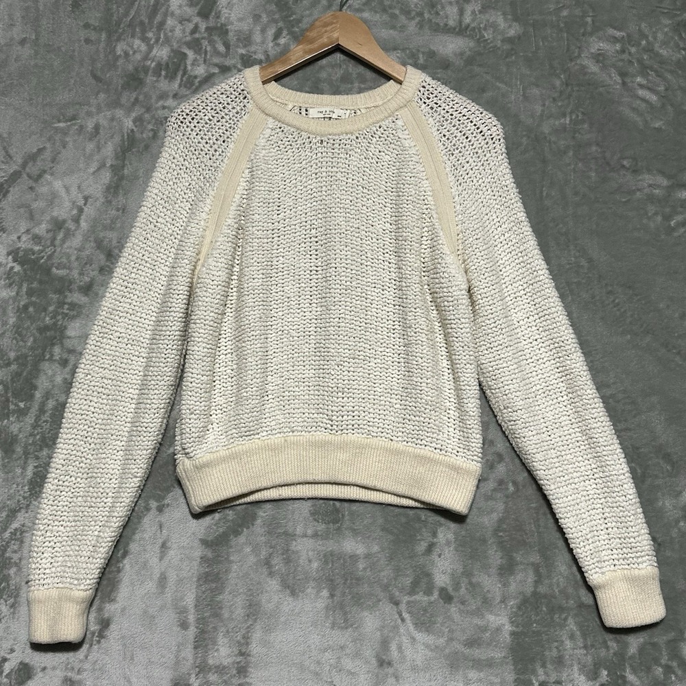 Rag & Bone Crewneck Sweater Womens Size M Ivory Wool Blend Preppy Chunky Knit